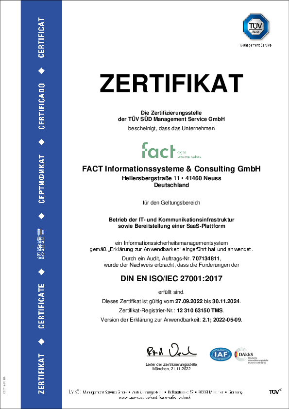 Fact ist zertifiziert nach ISO 27001