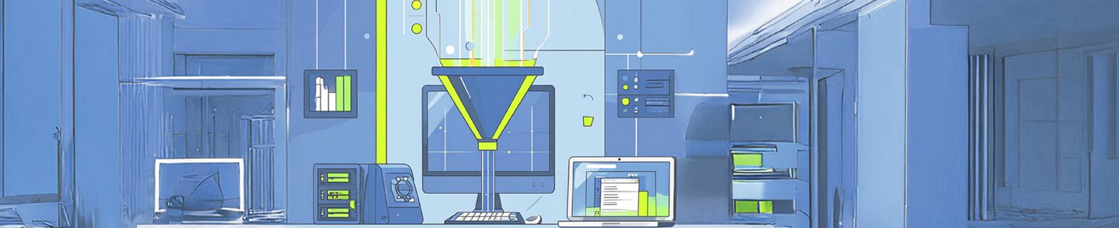 Büroraum, Trichter mit Computer