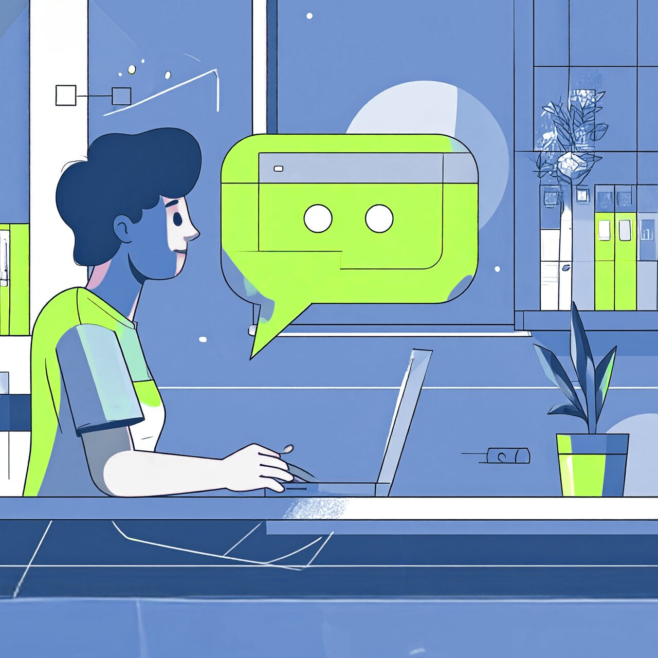 Person vor einem Rechner mit Sprechblase